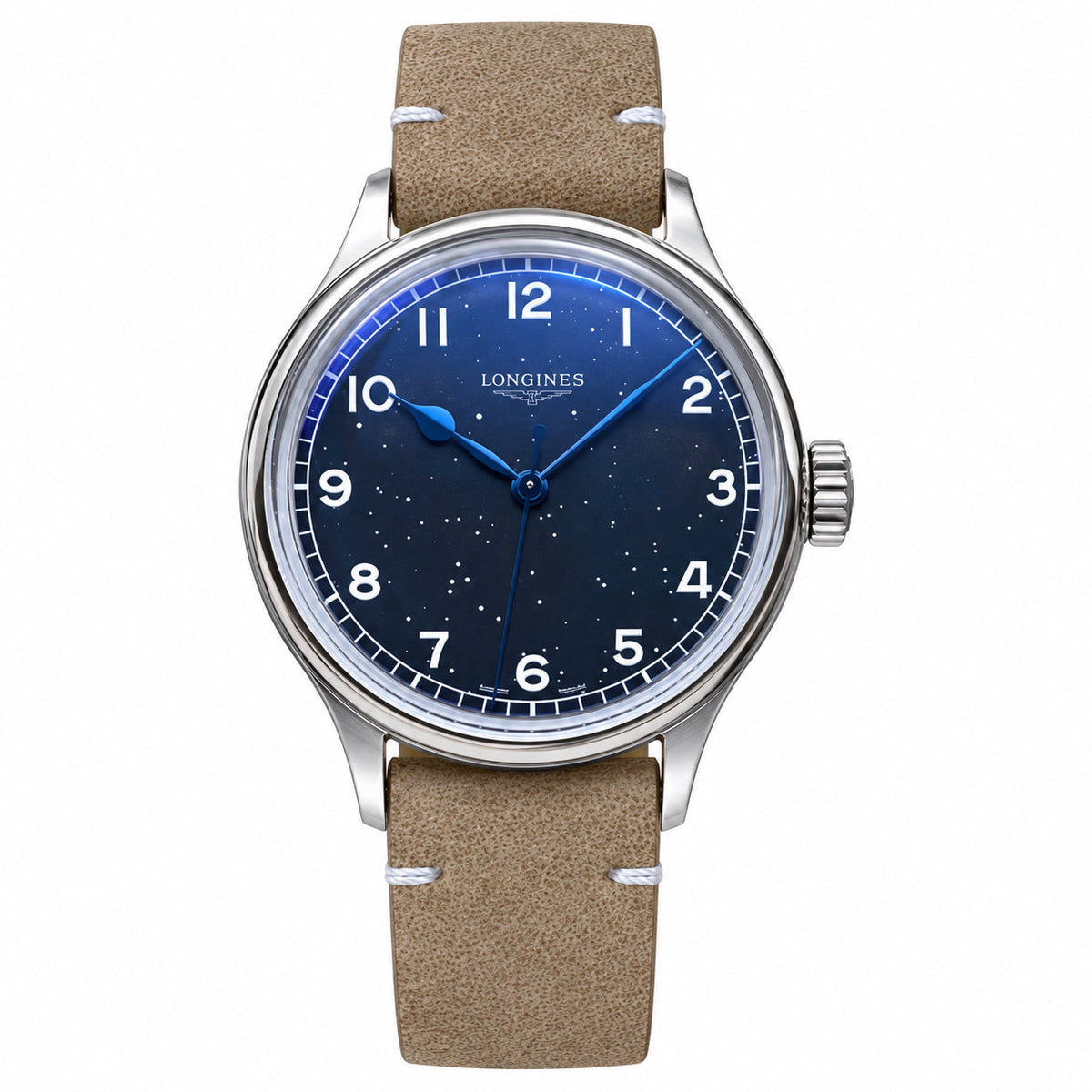 Longines Heritage Military watch with deep blue starry dial and sand leather strap