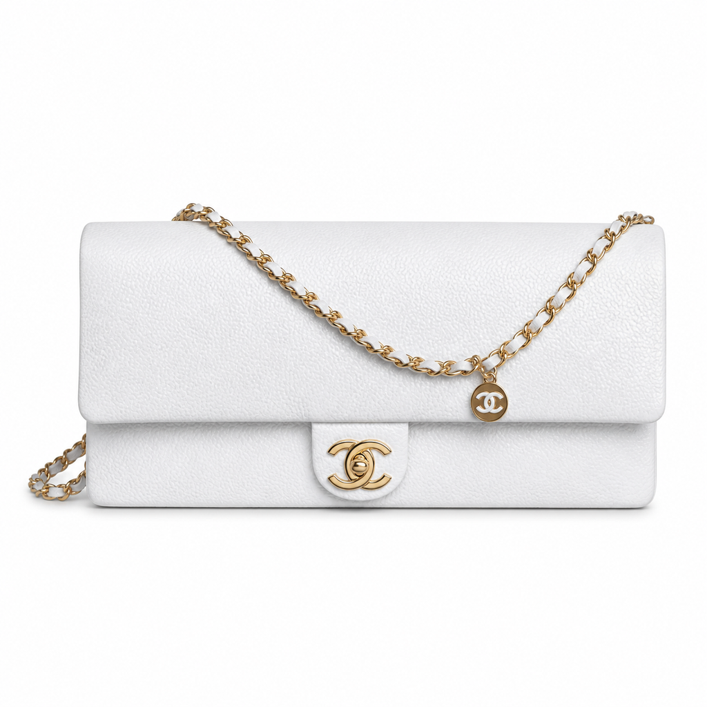 Chanel East-West Flap White Caviar | White-Surround CC Turn-Lock & Gold Coin Charm — 32.5cm