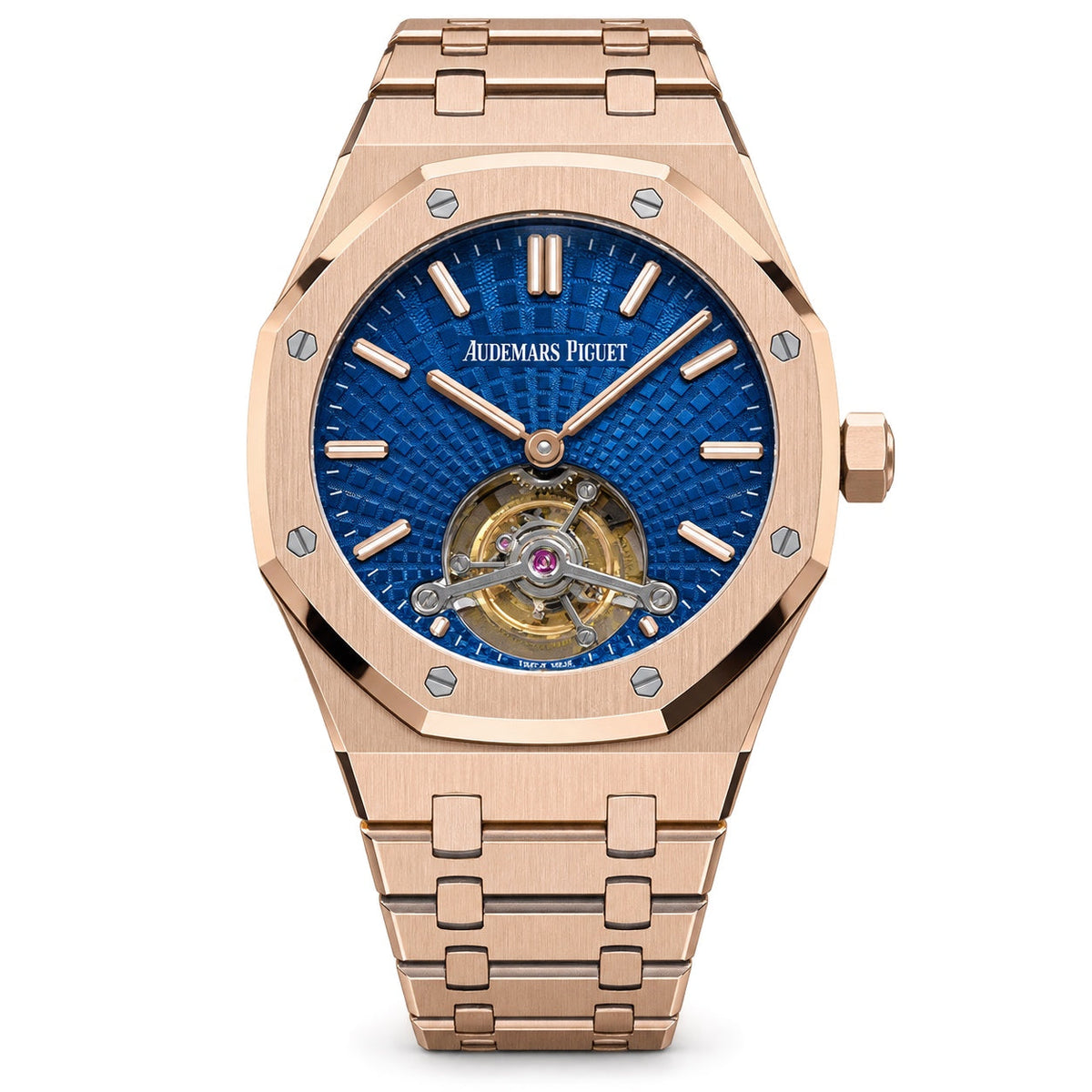 Audemars Piguet Royal Oak Flying Tourbillon 41mm 18K Rose Gold Blue Petite Tapisserie Dial Rose Gold Indexes Hands 6 OClock Tourbillon Integrated Bracelet