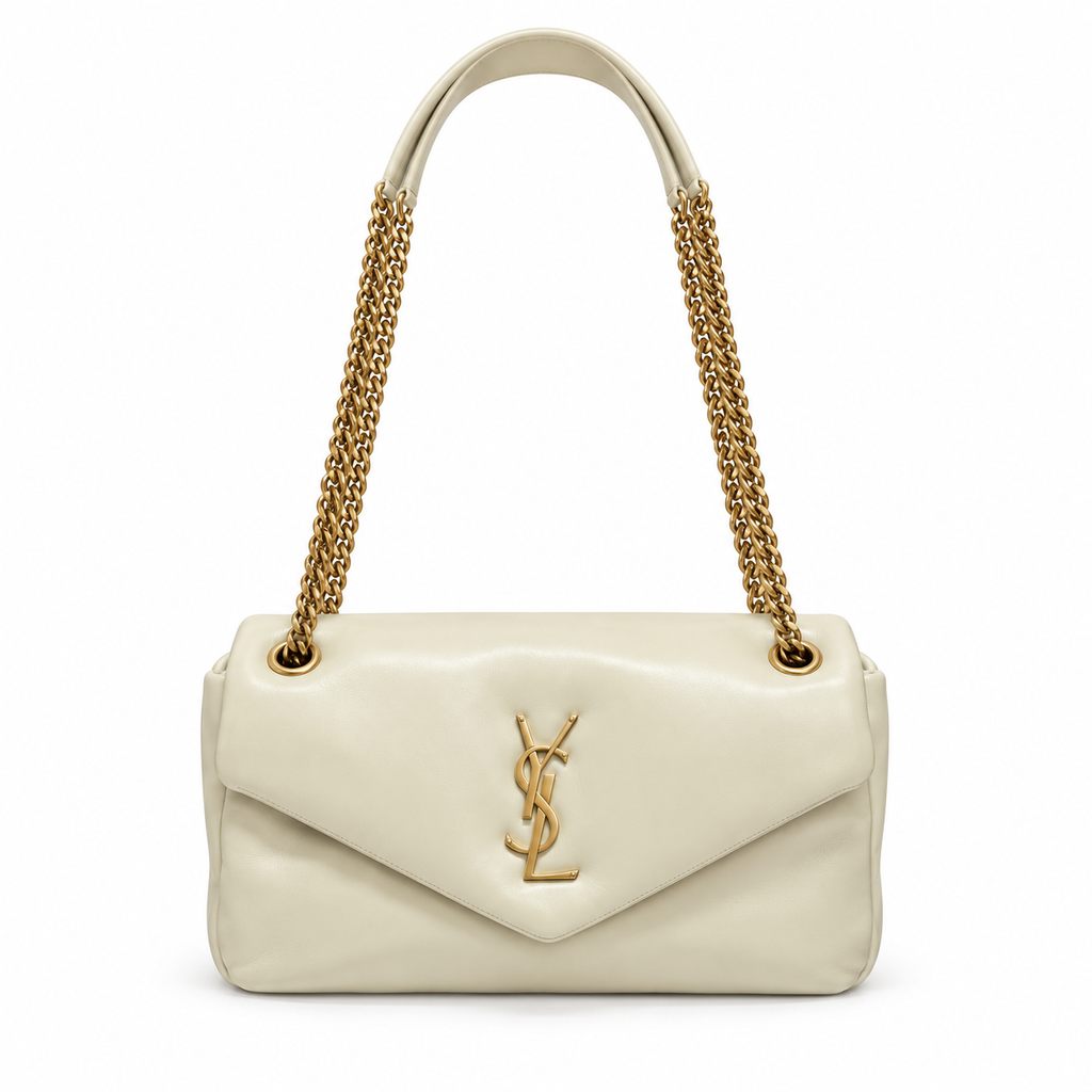 YSL Saint Laurent Calypso Chain Bag Cream Smooth Leather Gold YSL Monogram Double Gold Chain Straps V-Flap