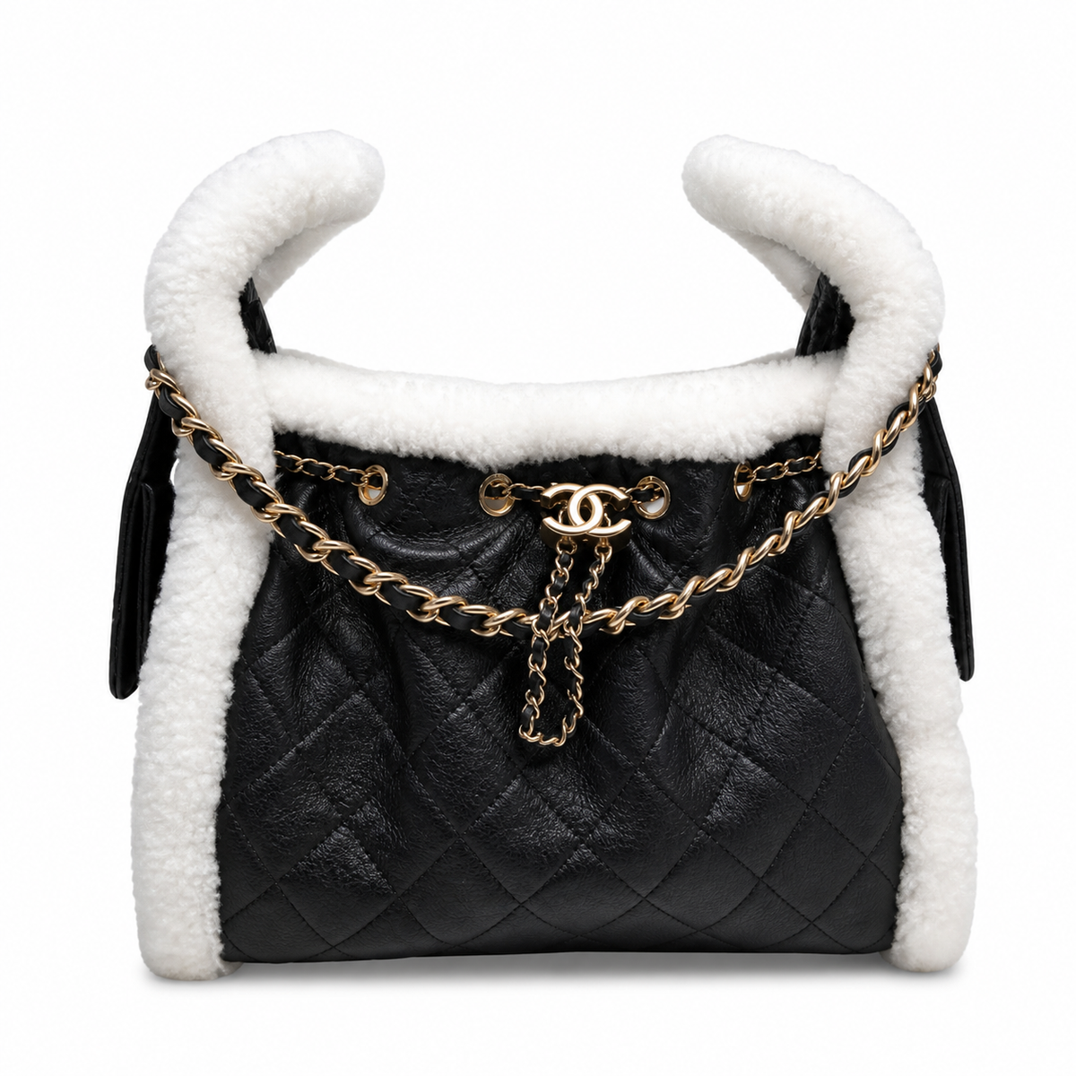 Chanel Quilted Hobo Bag Black Calfskin & White Shearling | Gold CC Chain — 30cm