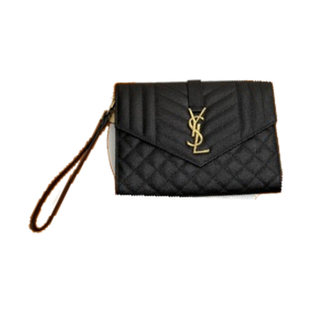 YSL Saint Laurent Envelope Clutch Black Quilted Leather Gold YSL Monogram Wrist Strap