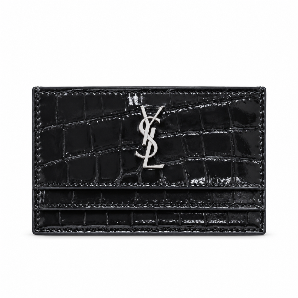 YSL Cassandre Card Holder – Black Croc Patent