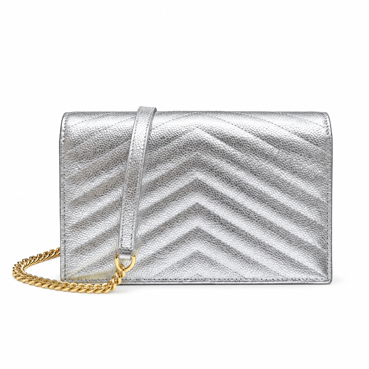 YSL Saint Laurent Envelope Chain Wallet in Silver Matelassé Leather