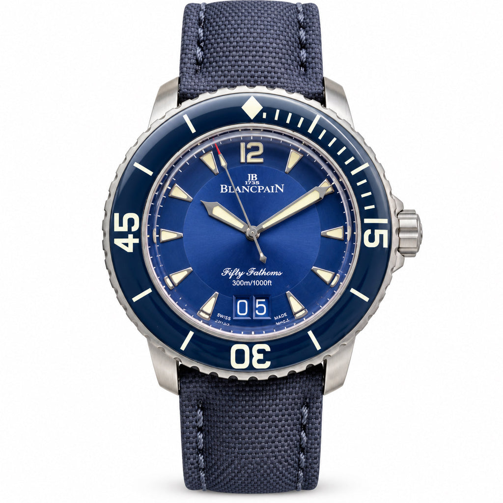 Blancpain Fifty Fathoms blue dial blue ceramic bezel 300m sailcloth canvas strap