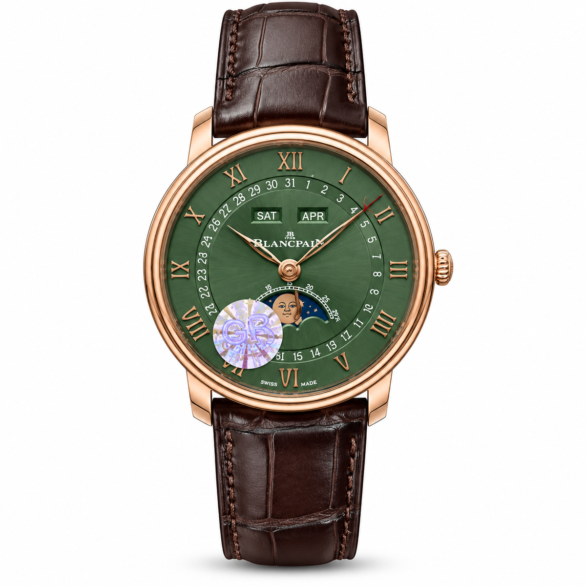 Blancpain Villeret Quantième Complet rose gold green dial moonphase complete calendar with brown alligator strap