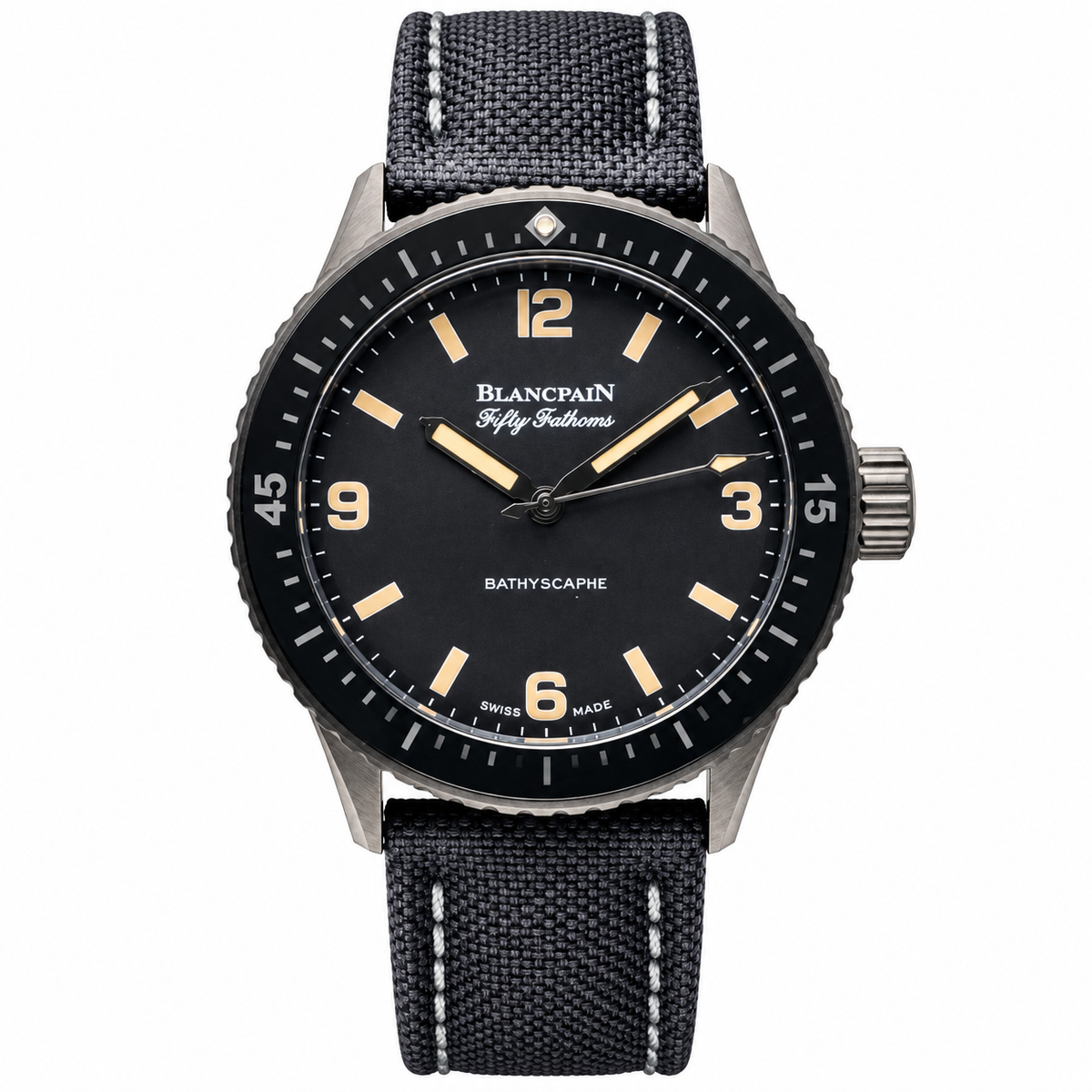 Blancpain Fifty Fathoms Bathyscaphe black vintage dial with cream numerals and anthracite canvas strap