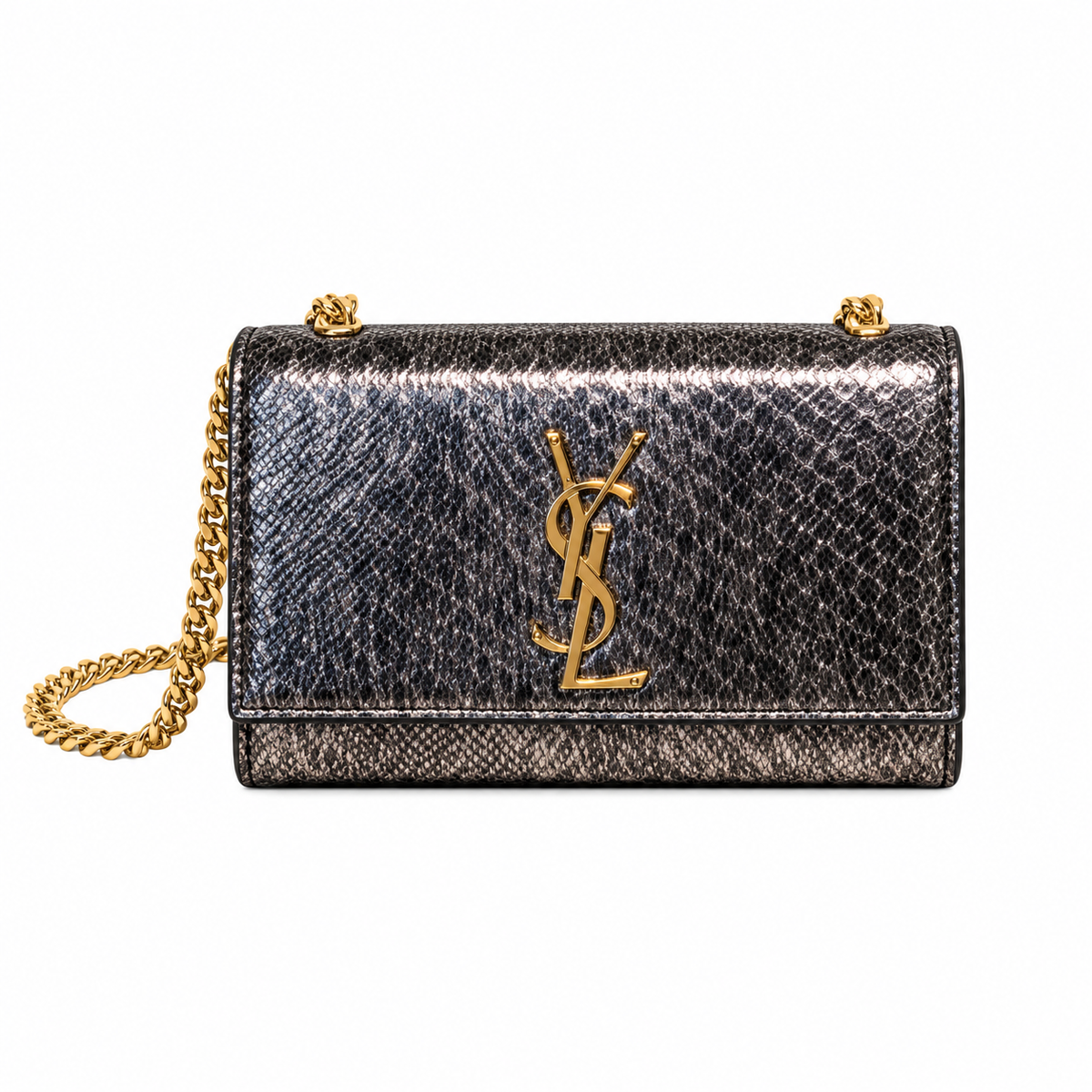 Saint Laurent Kate Small crossbody bag in metallic gunmetal snake-effect leather with gold YSL monogram chain strap