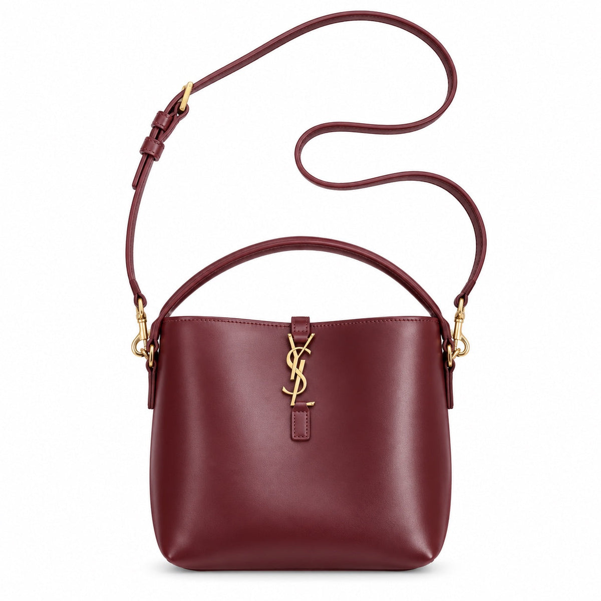 YSL Le 37 Bucket Bag in burgundy smooth leather with gold YSL cassandre monogram charm, top loop handle and long adjustable crossbody strap, front view