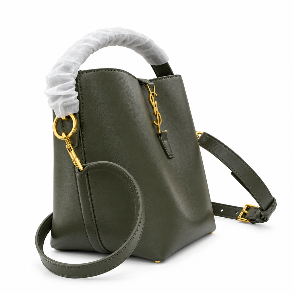 YSL Saint Laurent Le Petit Suzanne Bucket Bag in Khaki Smooth Leather