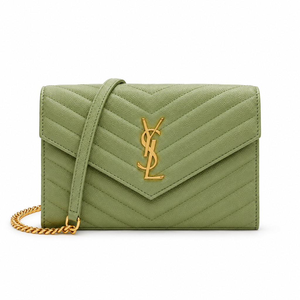 YSL Saint Laurent Envelope Chain Wallet in Sage Green Matelassé Leather