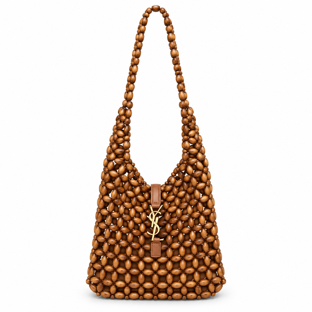 YSL Cassandre Beaded Wood Hobo Shoulder Bag Tan