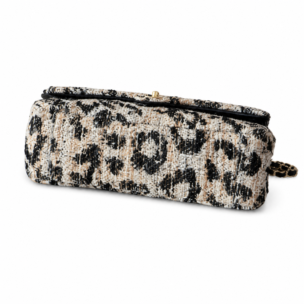 Chanel Classic Flap Bag Leopard Print Tweed Black Beige | Aged Gold CC — 32cm