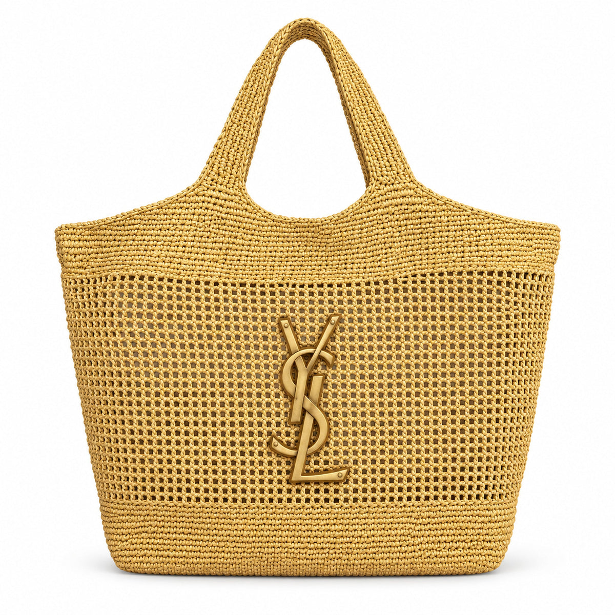 YSL Saint Laurent Icare Maxi Tote Bag Yellow Raffia Open Weave Gold YSL Monogram Hardware