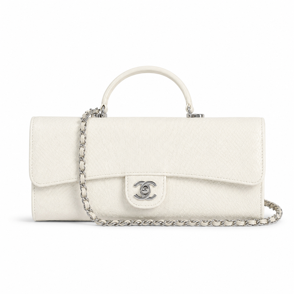 Chanel CC Embossed Cylindrical Flap Bag | White & Silver — 25cm