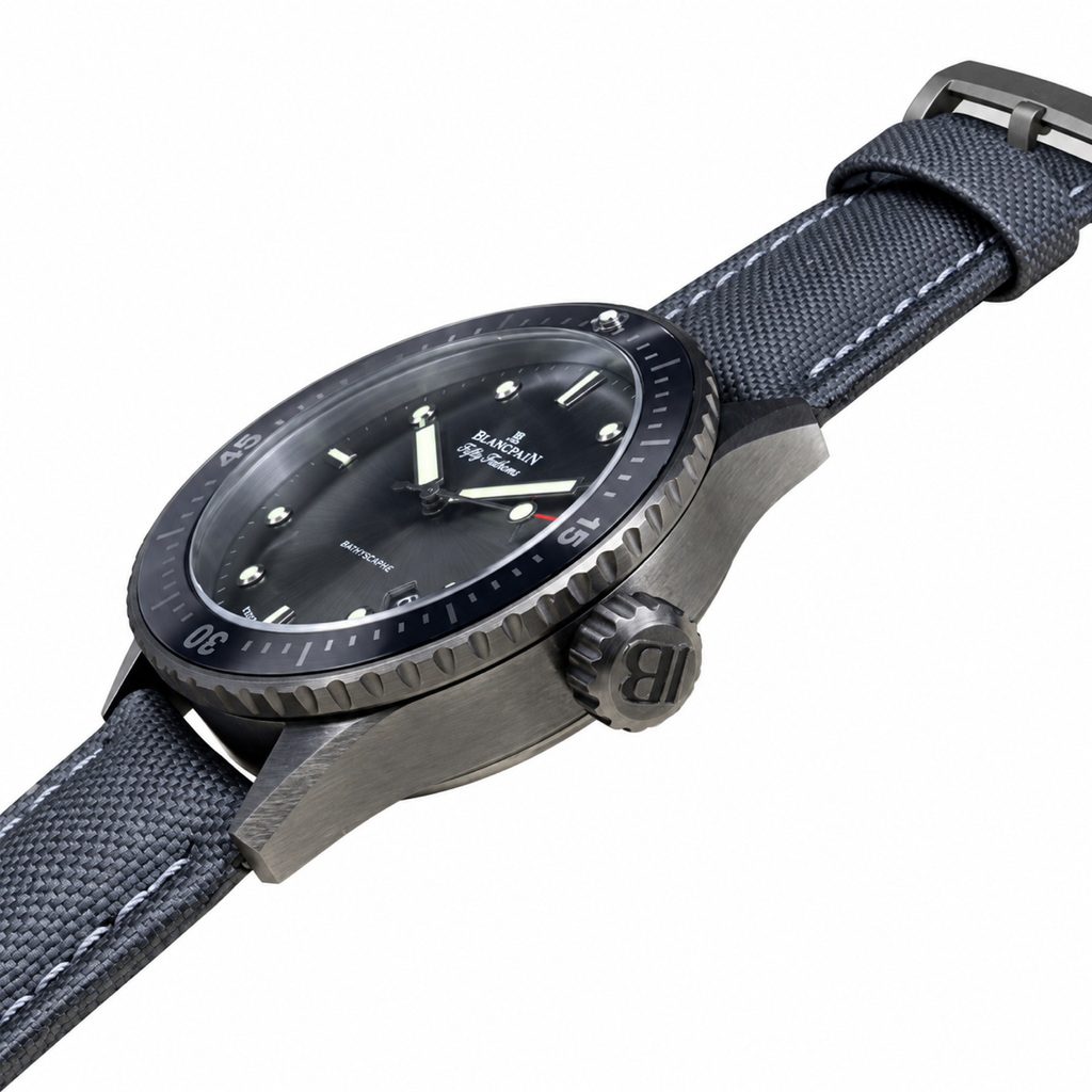 Blancpain Fifty Fathoms Bathyscaphe All-Black Ceramic Bezel Grey Fabric Diver Watch