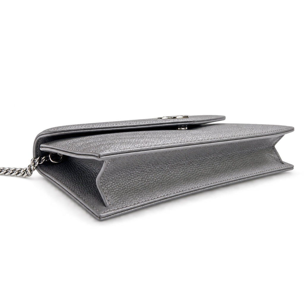 YSL Saint Laurent Envelope Chain Wallet in Grey Matelassé Leather with Silver Hardware