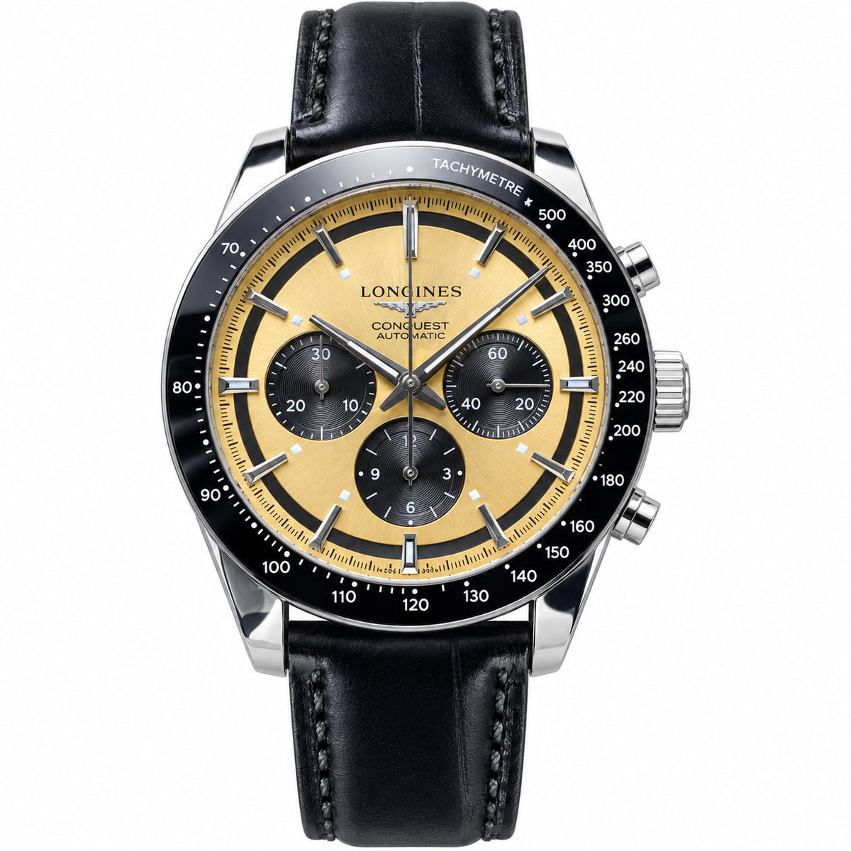 Longines Conquest Automatic Chronograph with champagne dial, black bezel and black leather strap