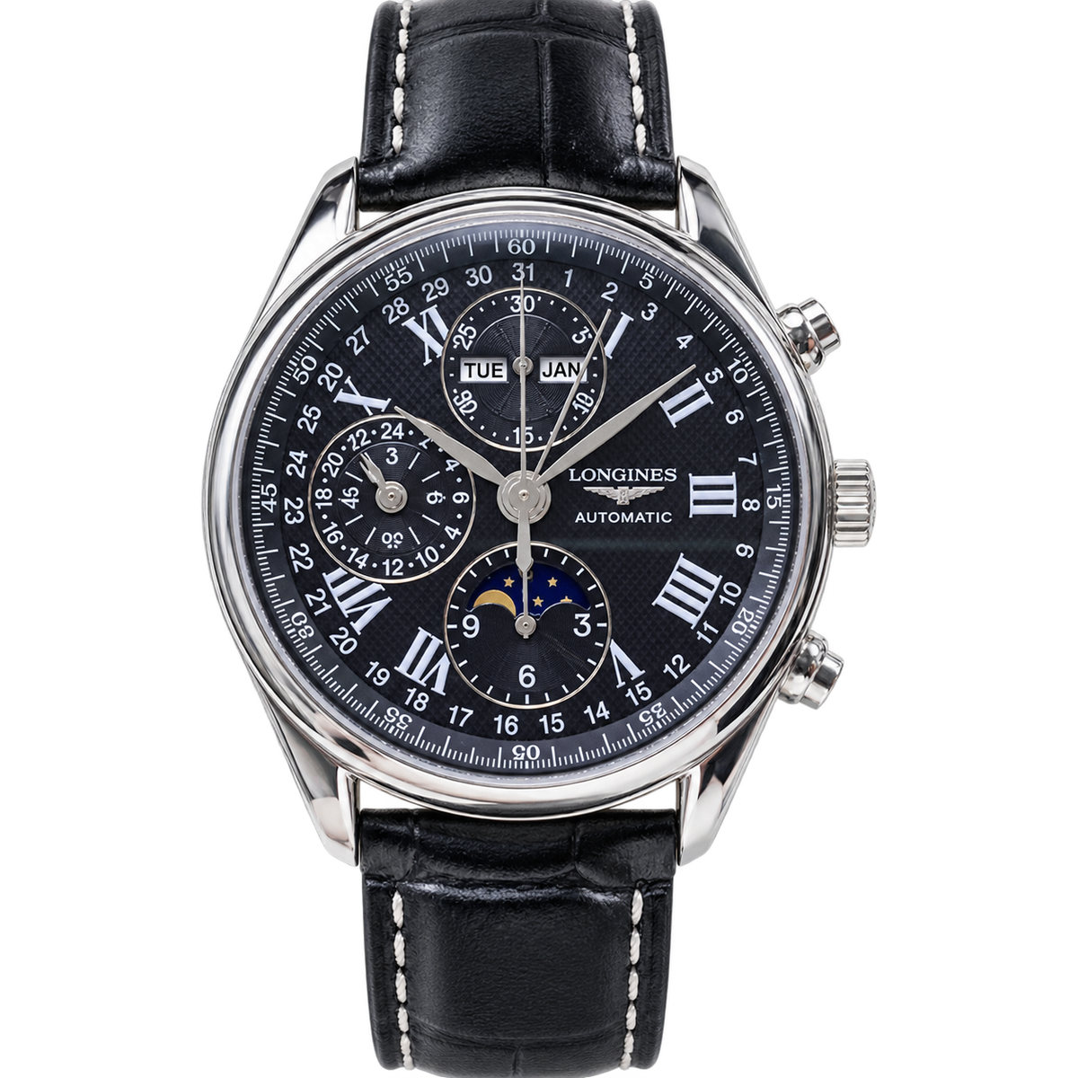 Longines Master Collection Moonphase Chronograph black dial Roman numerals leather strap