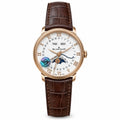Blancpain Villeret full calendar moonphase rose gold white lacquer dial Roman numerals peripheral date smiling moon brown alligator strap automatic watch