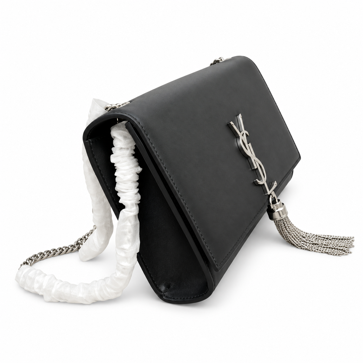 YSL Saint Laurent Kate Chain Bag in Black Smooth Leather with Silver Tassel
