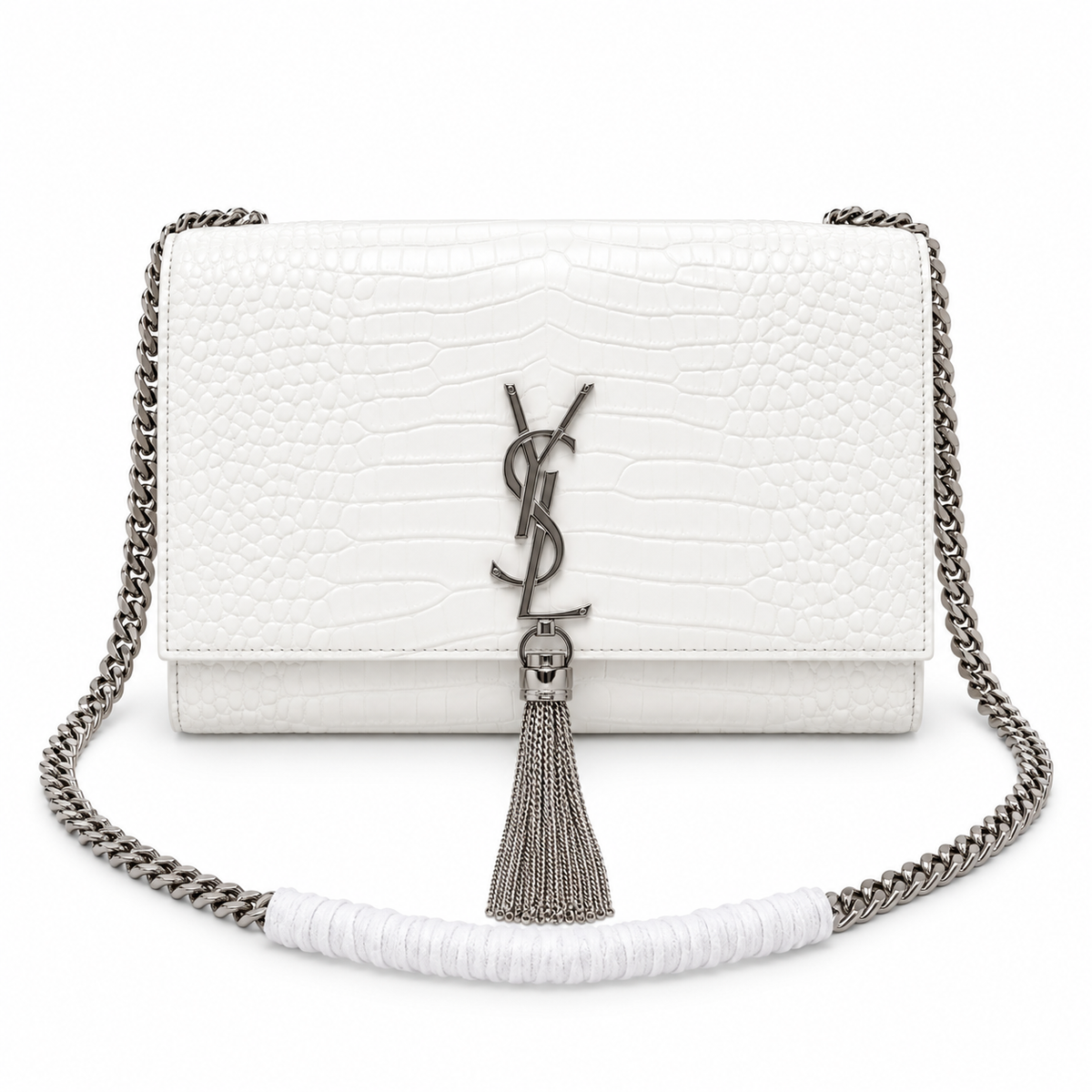 Saint Laurent YSL Kate Tassel Bag – White Croc Silver