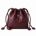 Chanel Burgundy Quilted Lambskin Drawstring Bucket | Tonal CC Coin Discs & Gold CC — 22cm