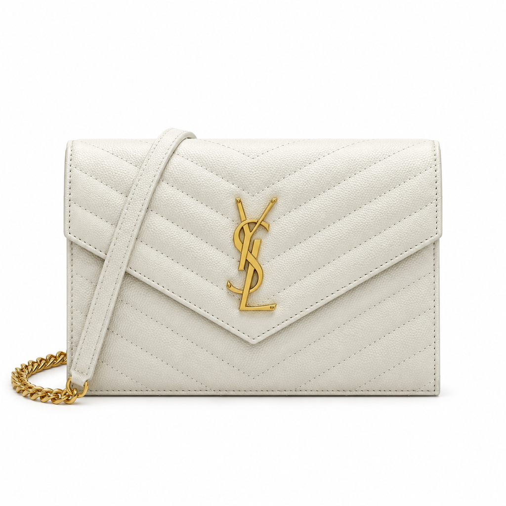 YSL Saint Laurent Envelope Chain Wallet in Cream Matelassé Leather