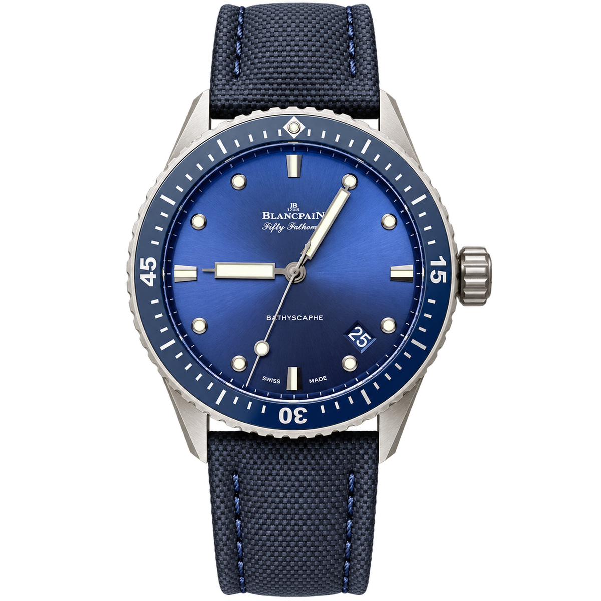 Blancpain Fifty Fathoms Bathyscaphe deep blue sunburst dial unidirectional blue ceramic bezel navy woven fabric strap automatic dive watch