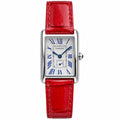 Cartier Tank Must silver rectangular case blue Roman numeral dial red leather strap