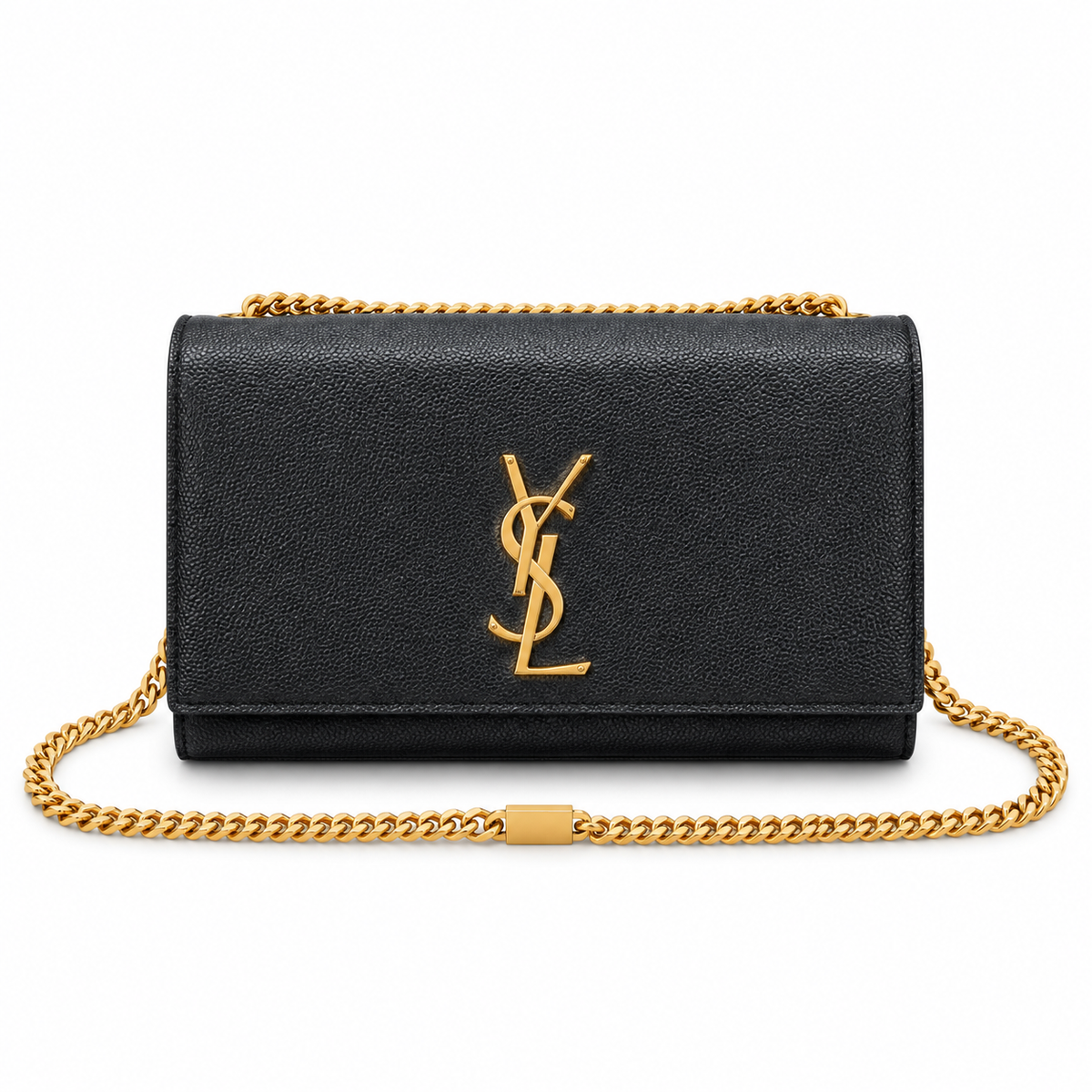 Saint Laurent YSL Kate Small chain crossbody bag in black grained calfskin leather with oversized gold YSL monogram and gold curb chain strap