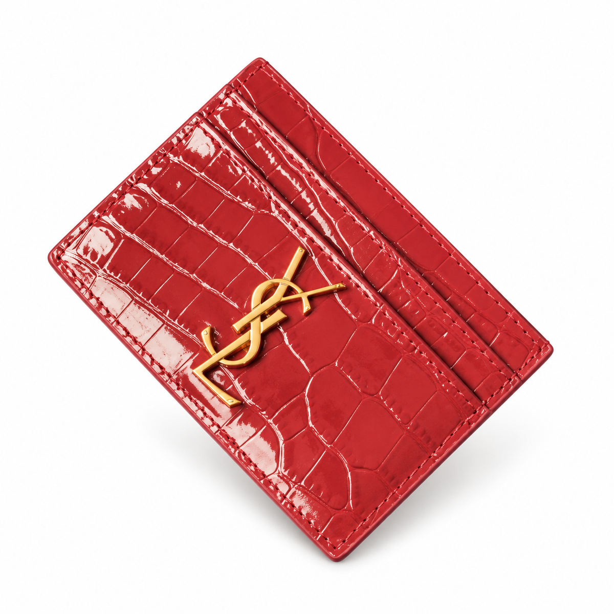 YSL Saint Laurent Monogram Croc-Embossed Card Holder Red