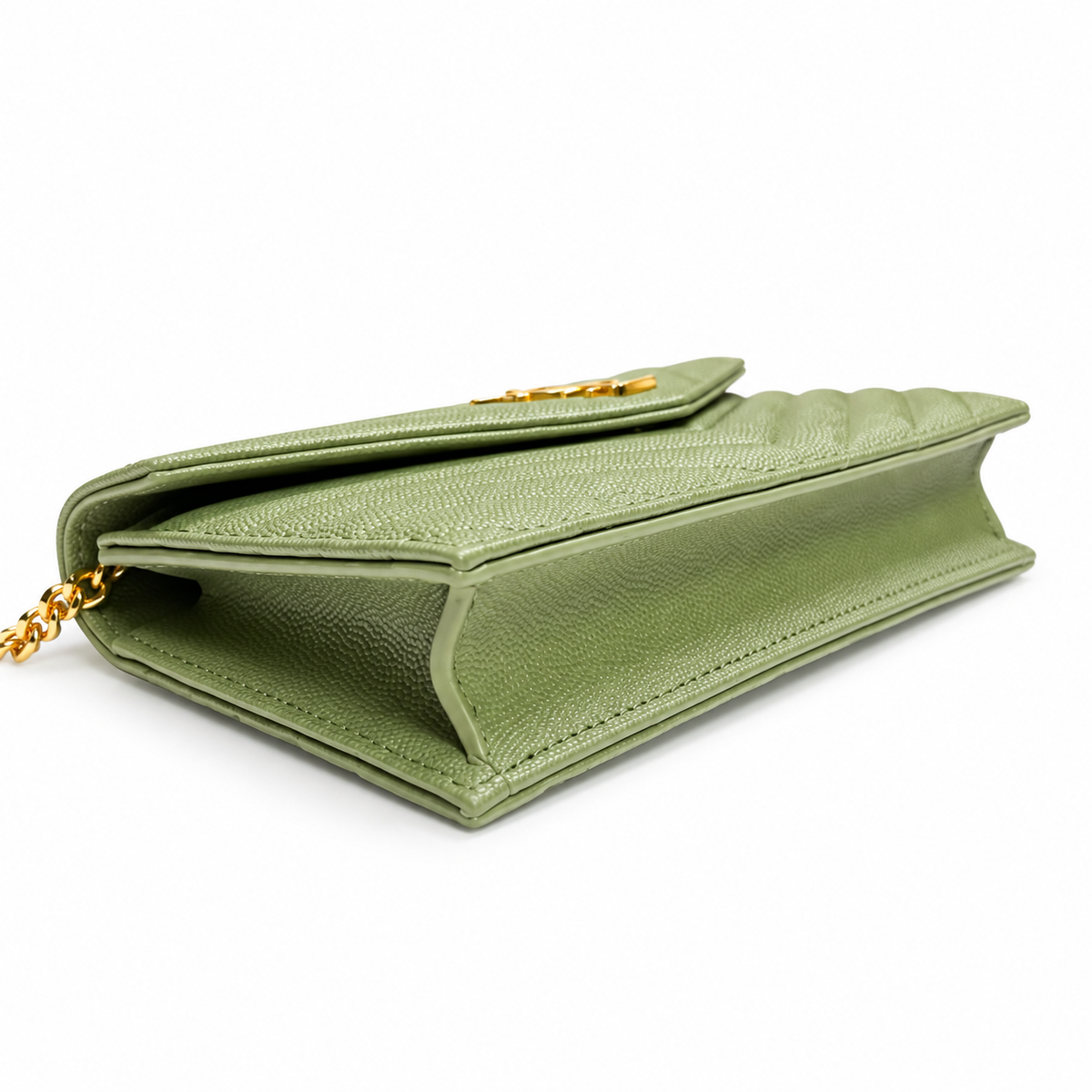 YSL Saint Laurent Envelope Chain Wallet in Sage Green Matelassé Leather