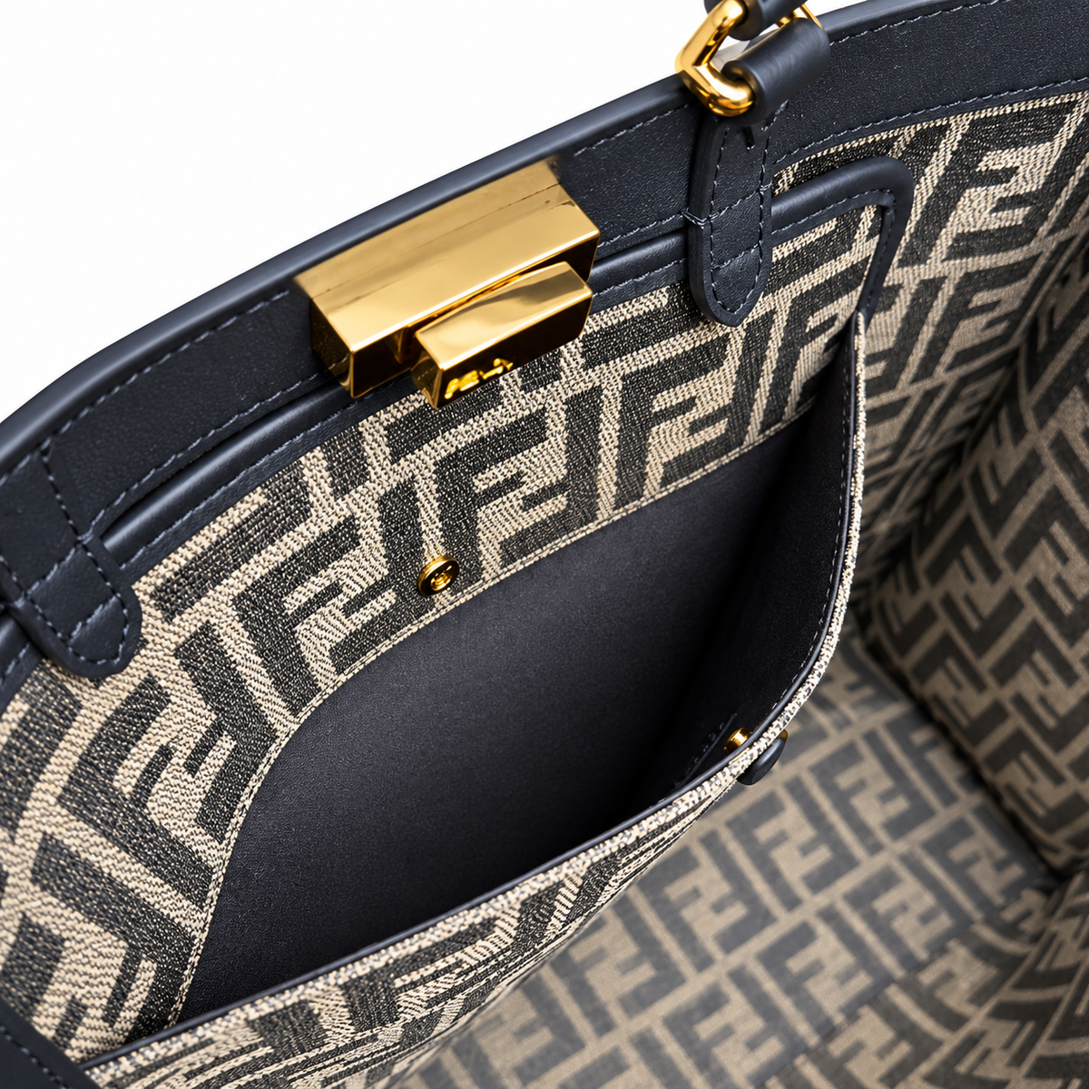 Fendi FF Jacquard Tote Bag – Black Calfskin Trim Gold Hardware