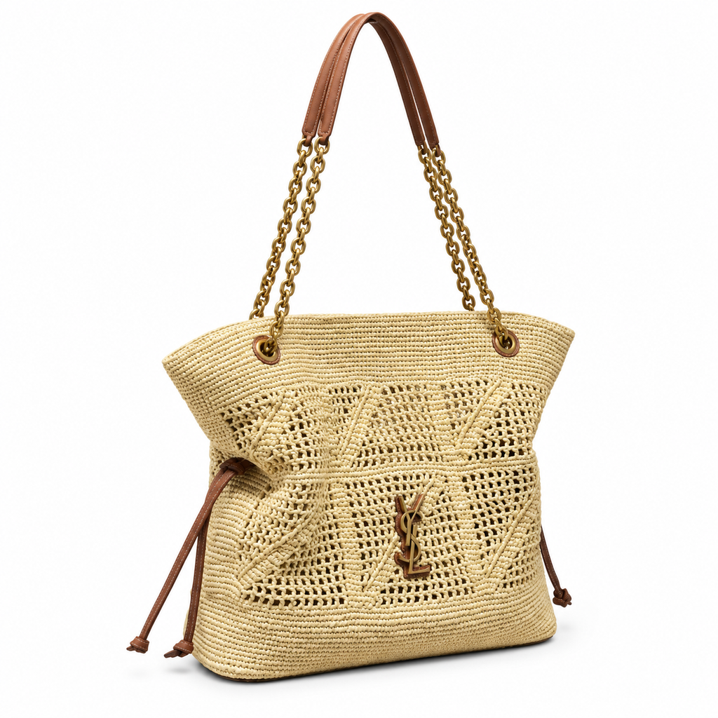 YSL Saint Laurent Bougeoir Tote Natural Raffia Tan Leather Gold YSL Monogram Chain Straps Side Drawstring