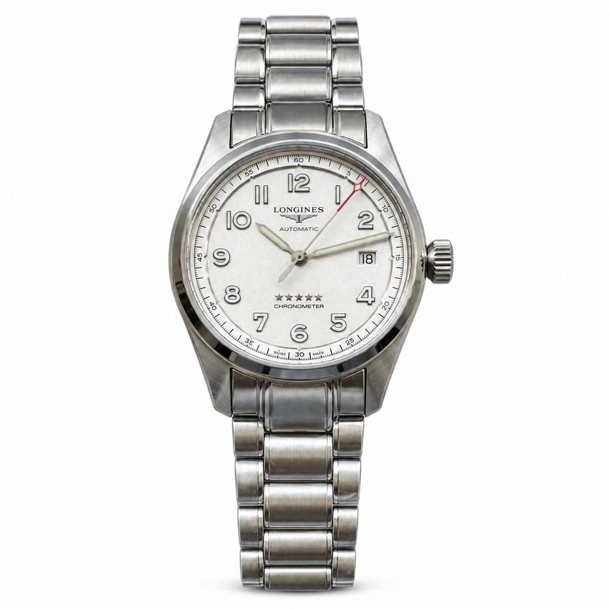 Longines Spirit white dial red seconds hand stainless steel bracelet COSC five-star chronometer automatic pilot watch