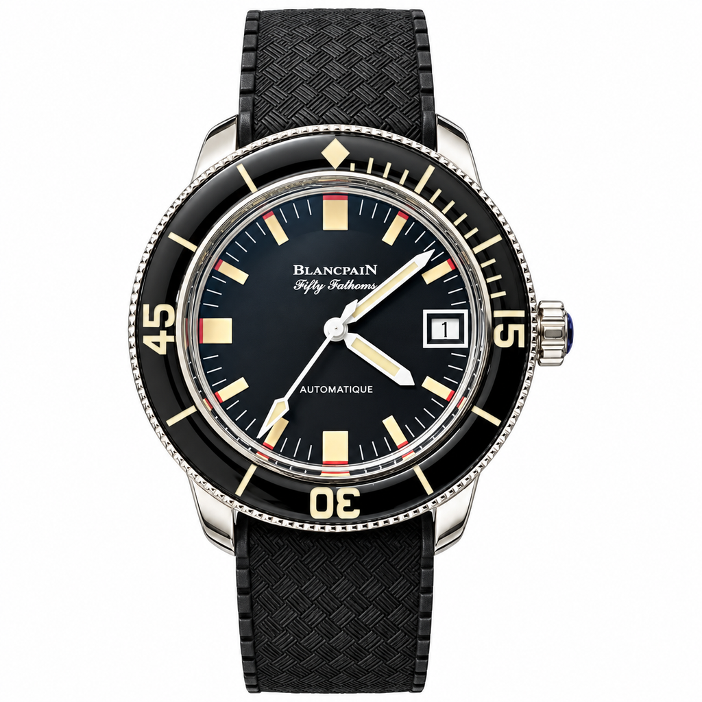Blancpain Fifty Fathoms matte black dial gold-tone rectangular indices red safety accents black unidirectional bezel basket-weave rubber strap automatic dive watch