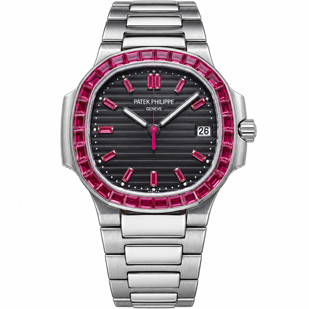 Patek Philippe Nautilus Pink Sapphire Baguette Steel Black Dial