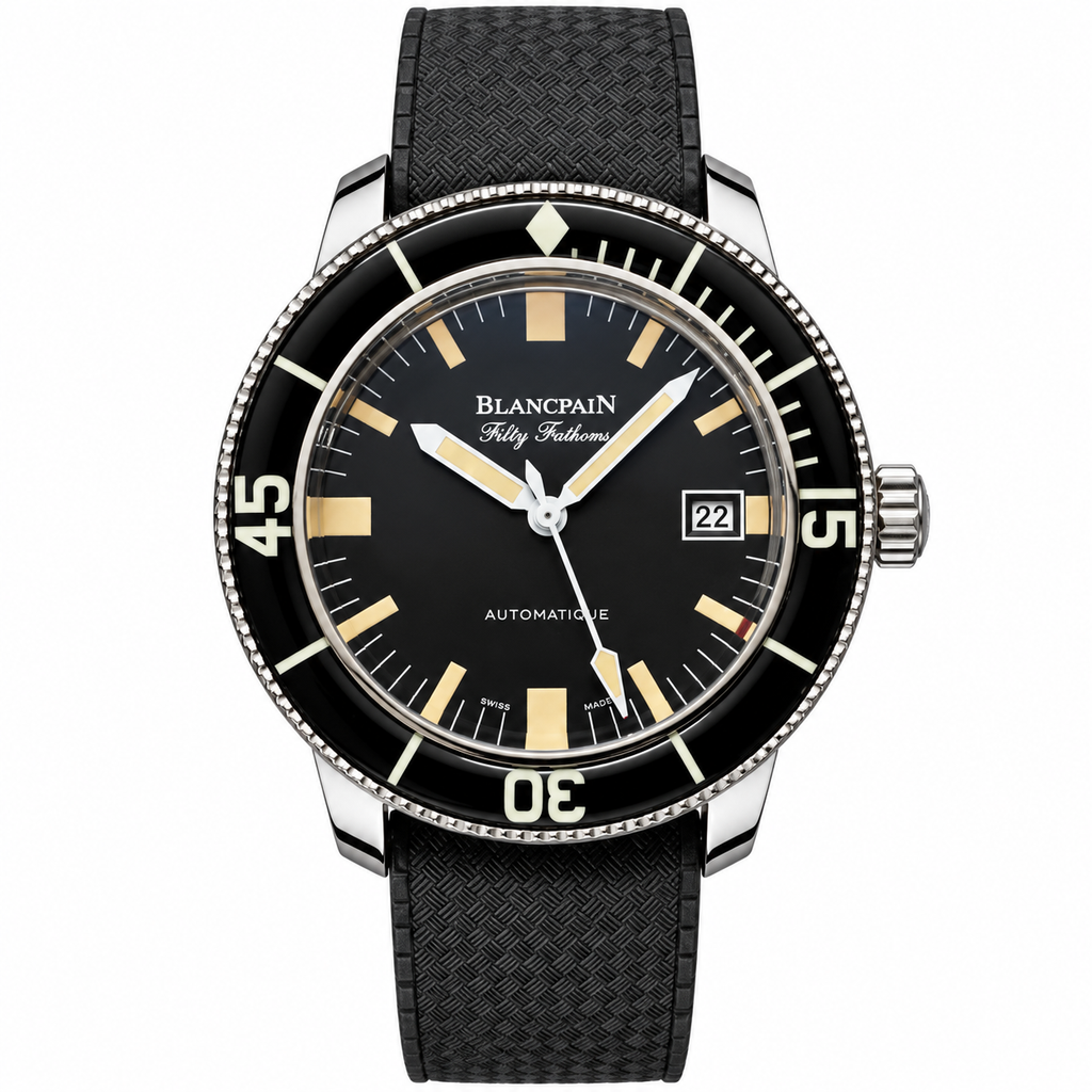 Blancpain Fifty Fathoms Barakuda matte black dial aged gold luminous indices black unidirectional bezel rubber strap automatic vintage dive watch