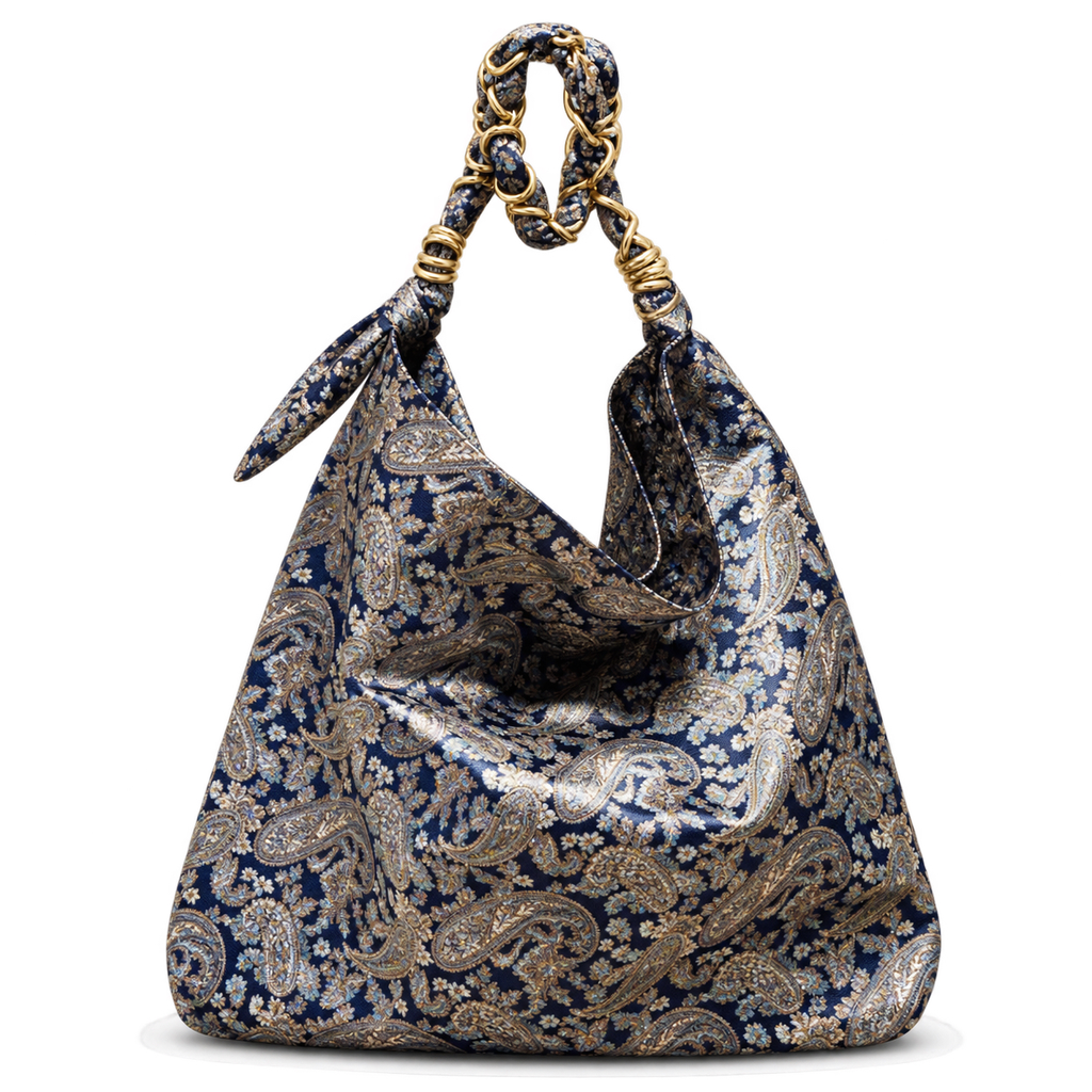YSL Saint Laurent Squchy Hobo Bag in Navy Paisley Brocade