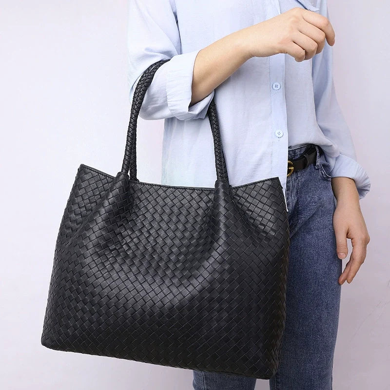 Black Intrecciato Woven Leather Large Tote with Braided Handles