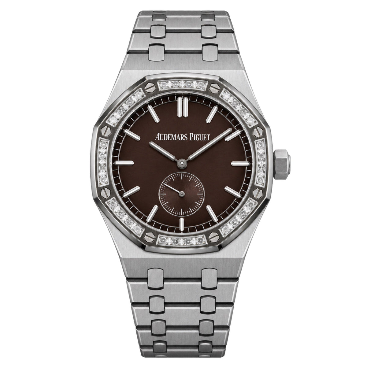 Audemars Piguet Royal Oak Small Seconds Diamond Set Bezel Brown Petite Tapisserie Dial White Gold Indexes Blued Hands Integrated Steel Bracelet 37mm