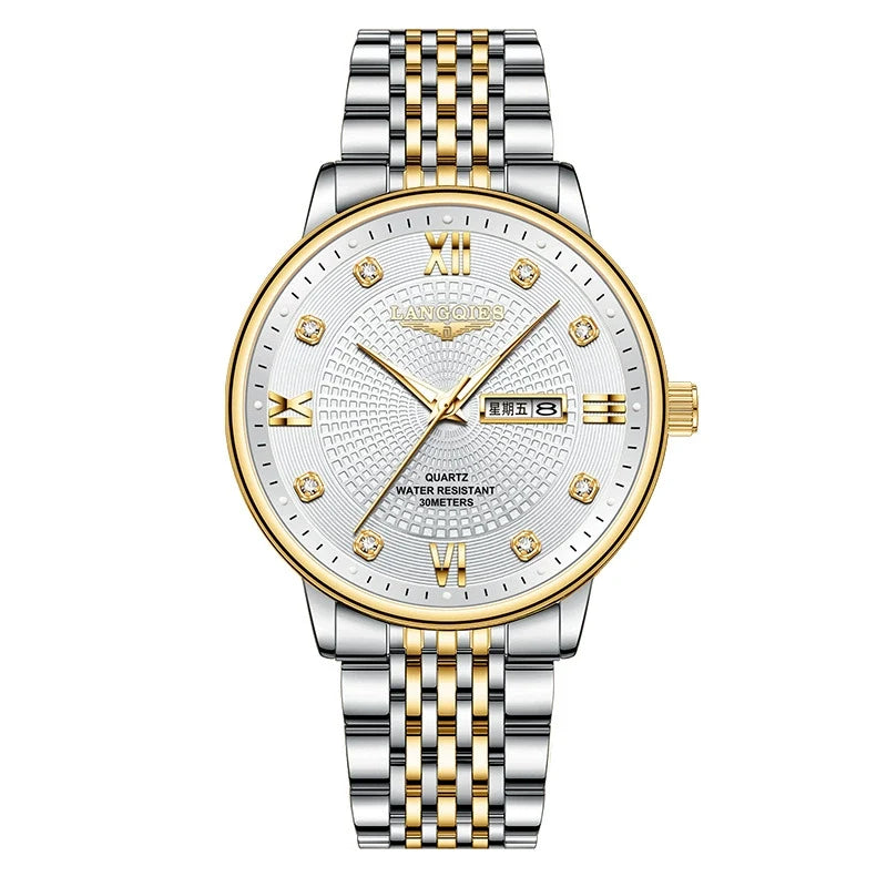 LANGQIES Classic Two-Tone Watch 40mm | Diamond Hour Markers & Dual Calendar
