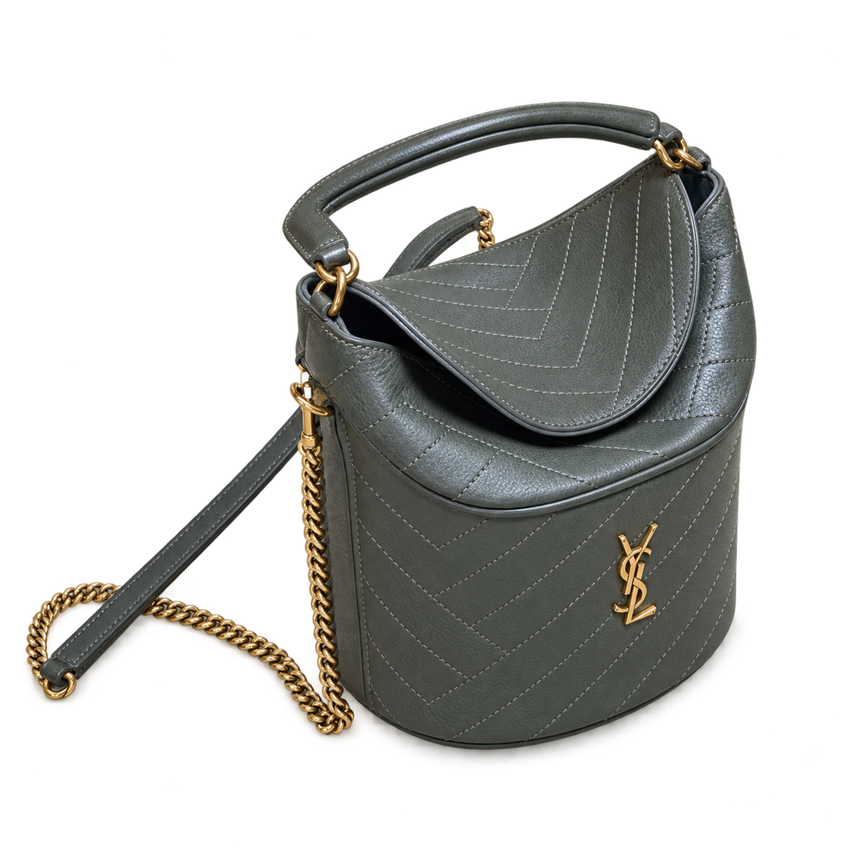 YSL Saint Laurent Gaby Bucket Bag in Khaki Quilted Leather