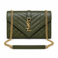 Saint Laurent YSL Envelope small chain crossbody bag in olive army green chevron quilted grained leather with oversized gold YSL monogram and gold curb chain with leather shoulder pad