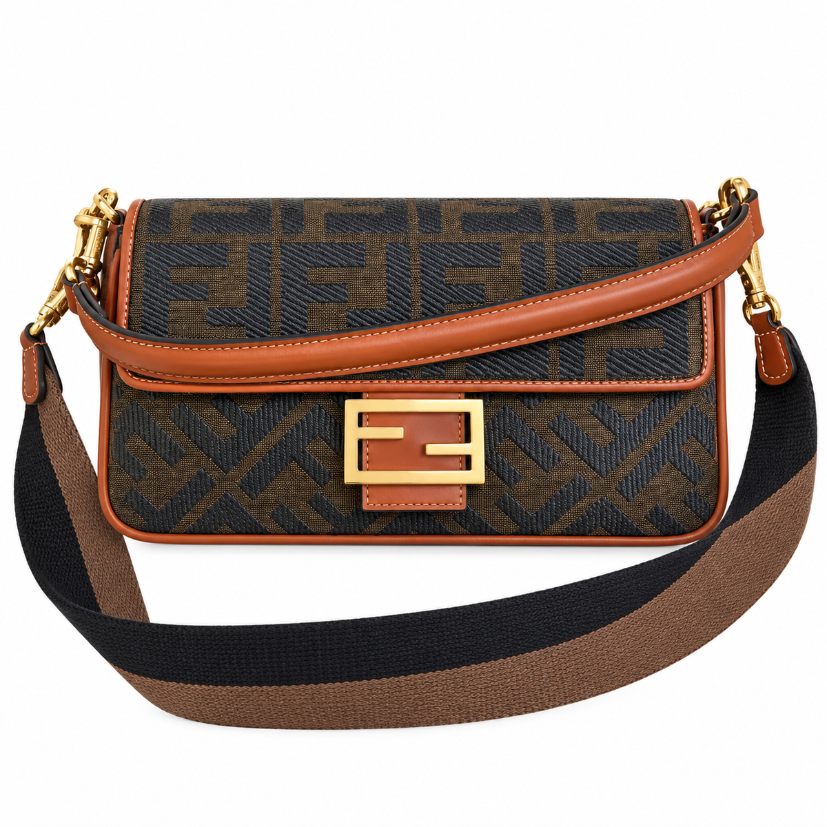 Fendi FF Shoulder Bag – Jacquard Canvas & Leather Trim, Flap Closure, 26cm